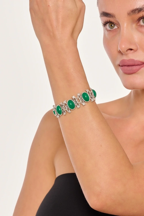 Kiraz Green Stoned Silver Plated Bracelet