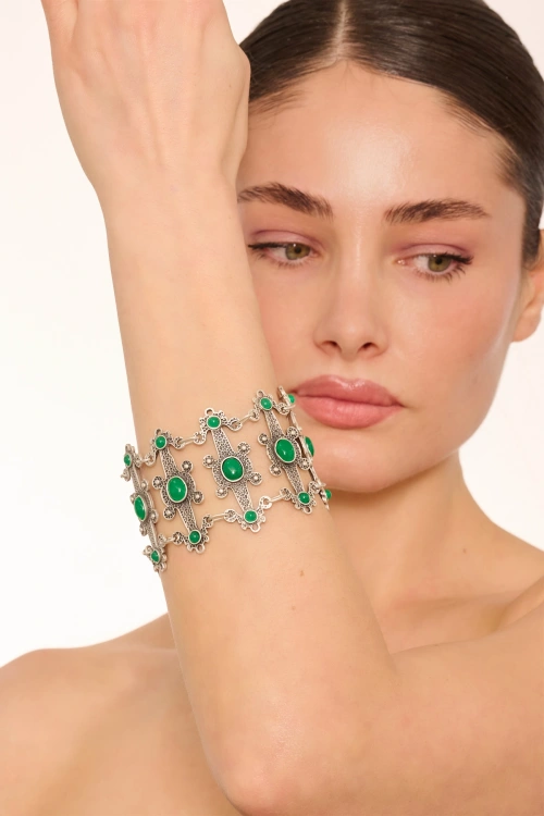 Kiraz Green Stoned Silver Plated Bracelet