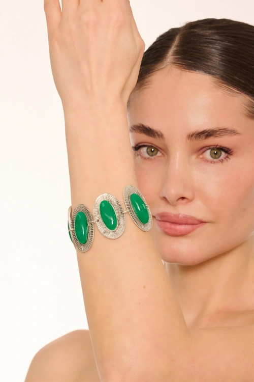 Kiraz Green Stoned Silver Plated Bracelet