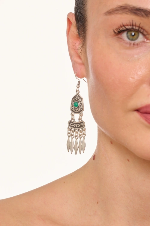 Kiraz Green Stoned Silver Plated Dangling Earring