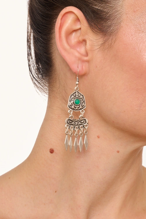 Kiraz Green Stoned Silver Plated Dangling Earring