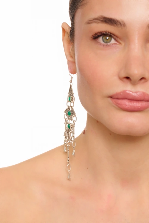 Kiraz Green Stoned Silver Plated Dangling Earring
