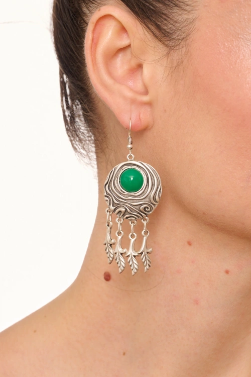 Kiraz Green Stoned Silver Plated Dangling Earring