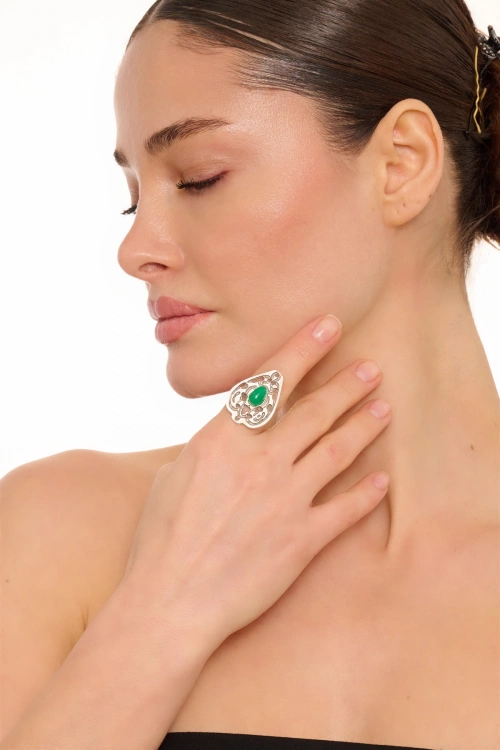 Kiraz Green Stoned Silver Plated Drop Ring