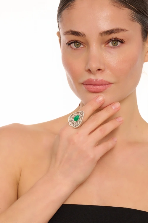 Kiraz Green Stoned Silver Plated Drop Ring