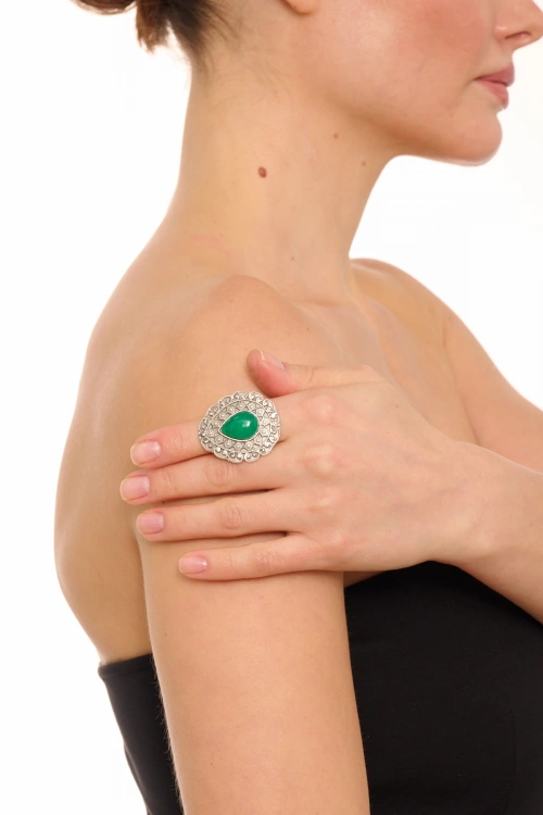 Kiraz Green Stoned Silver Plated Drop Ring
