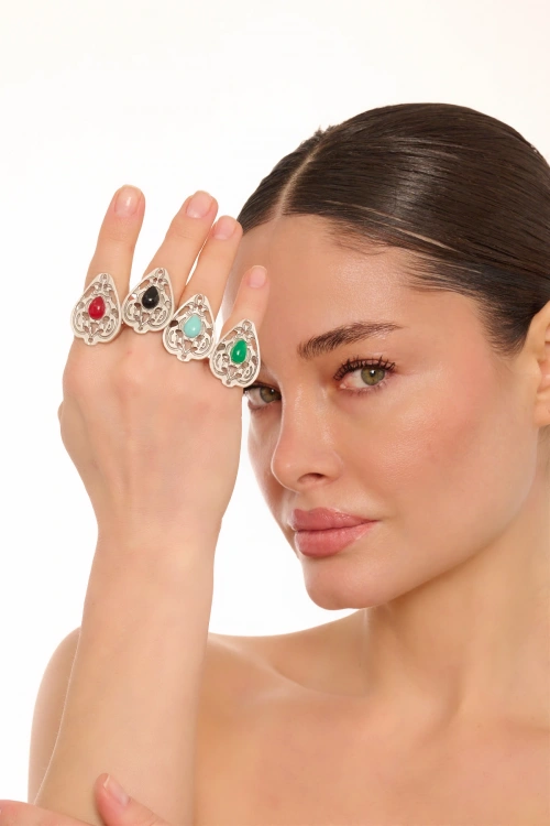 Kiraz Green Stoned Silver Plated Drop Ring