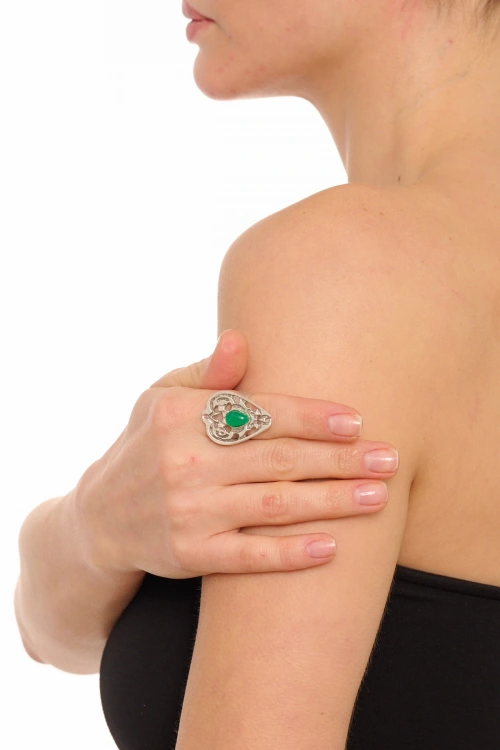 Kiraz Green Stoned Silver Plated Drop Ring