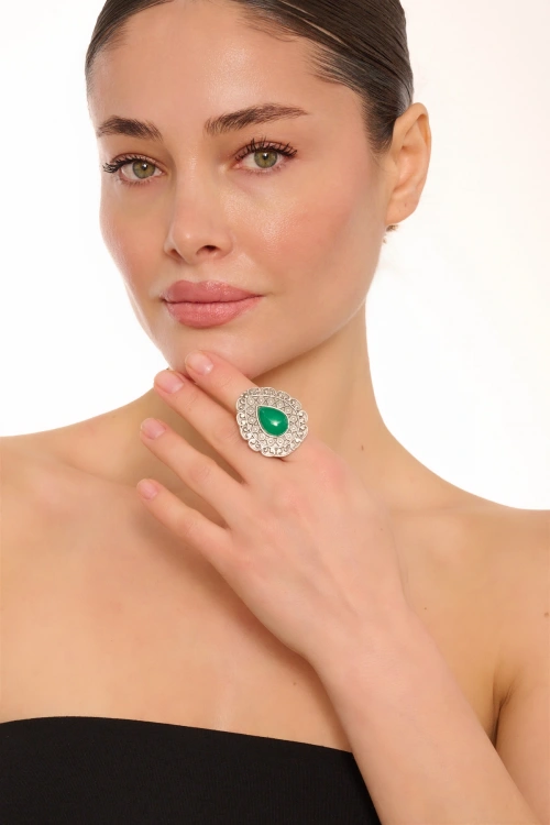 Kiraz Green Stoned Silver Plated Drop Ring