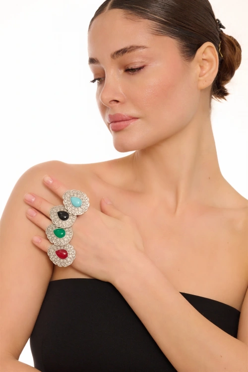 Kiraz Green Stoned Silver Plated Drop Ring