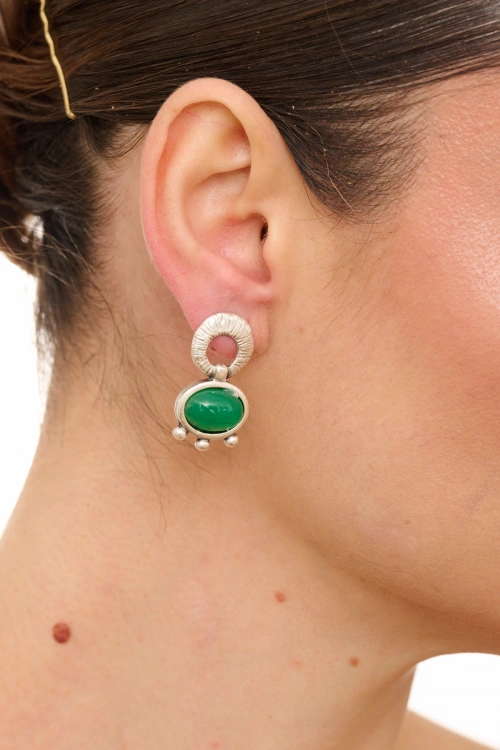 Kiraz Green Stoned Silver Plated Earring