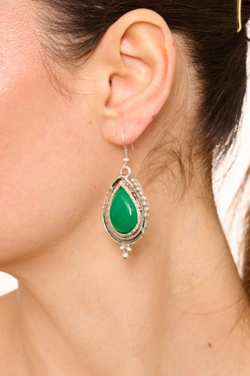 Kiraz Green Stoned Silver Plated Earring