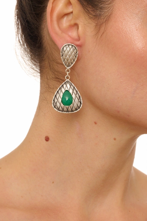 Kiraz Green Stoned Silver Plated Earring