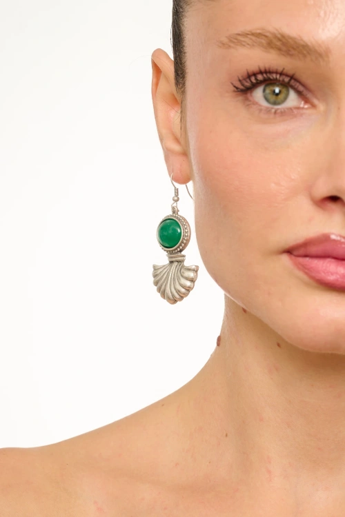 Kiraz Green Stoned Silver Plated Earring