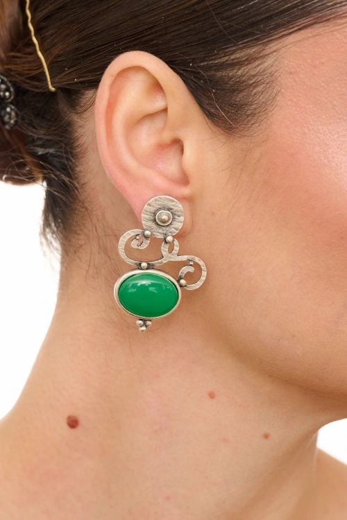 Kiraz Green Stoned Silver Plated Earring