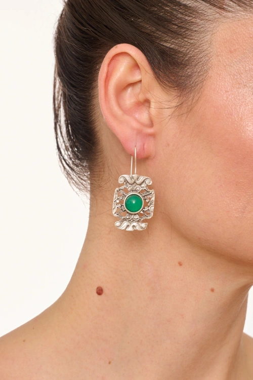 Kiraz Green Stoned Silver Plated Earring