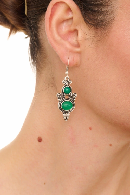Kiraz Green Stoned Silver Plated Earring
