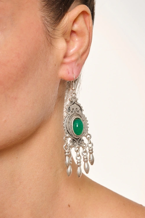 Kiraz Green Stoned Silver Plated Earring
