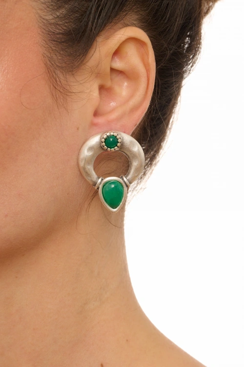 Kiraz Green Stoned Silver Plated Earring