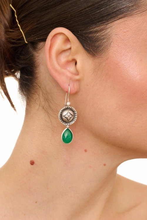 Kiraz Green Stoned Silver Plated Earring