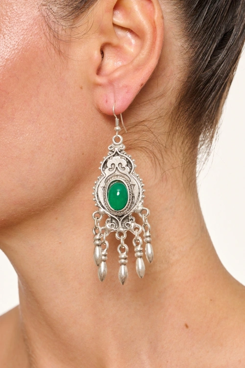 Kiraz Green Stoned Silver Plated Earring