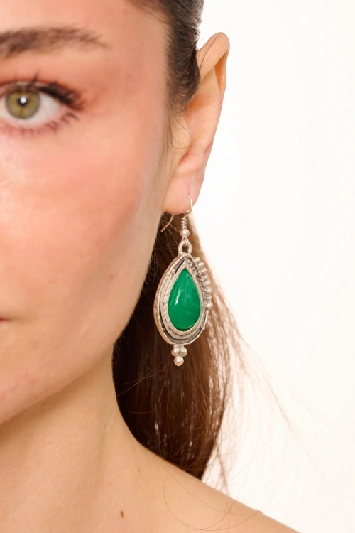 Kiraz Green Stoned Silver Plated Earring