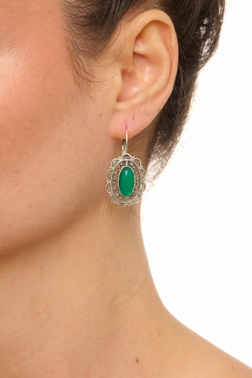 Kiraz Green Stoned Silver Plated Earring