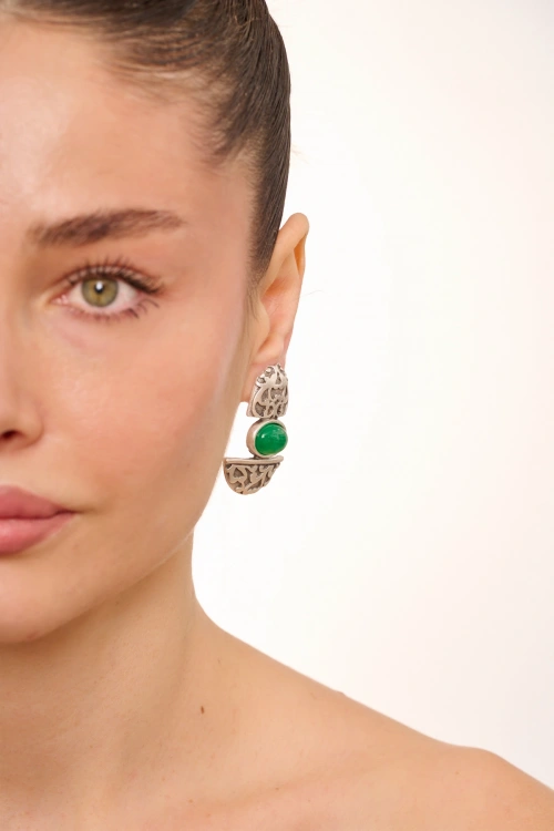 Kiraz Green Stoned Silver Plated Earring