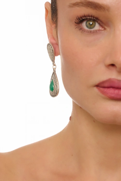 Kiraz Green Stoned Silver Plated Earring