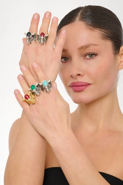 Kiraz Green Stoned Silver Plated Elephant Ring