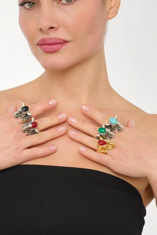 Kiraz Green Stoned Silver Plated Elephant Ring