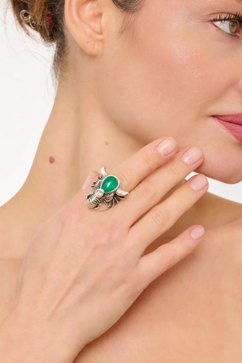 Kiraz Green Stoned Silver Plated Elephant Ring
