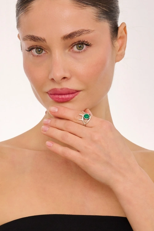 Kiraz Green Stoned Silver Plated Eye Ring
