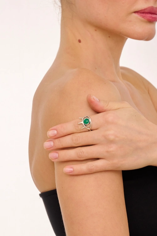 Kiraz Green Stoned Silver Plated Eye Ring