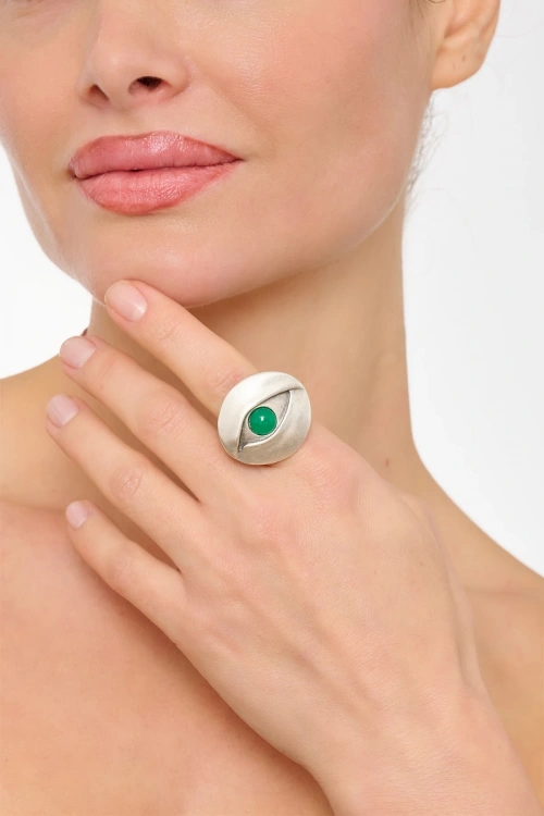 Kiraz Green Stoned Silver Plated Eye Ring