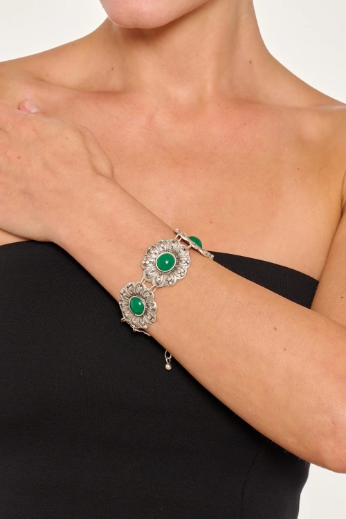 Kiraz Green Stoned Silver Plated Flower Bracelet