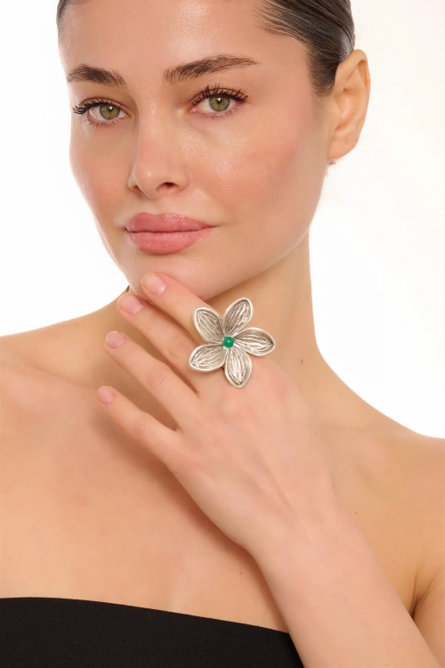 Kiraz Green Stoned Silver Plated Flower Ring