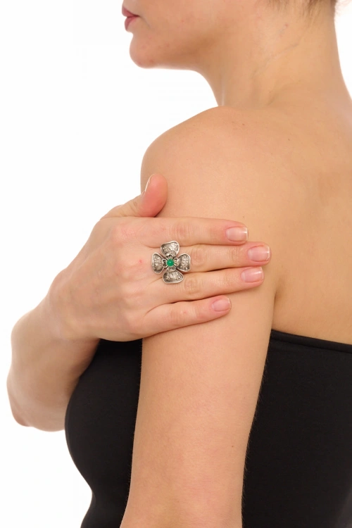Kiraz Green Stoned Silver Plated Flower Ring