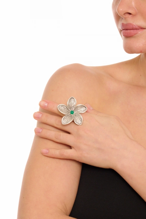Kiraz Green Stoned Silver Plated Flower Ring
