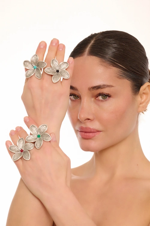 Kiraz Green Stoned Silver Plated Flower Ring