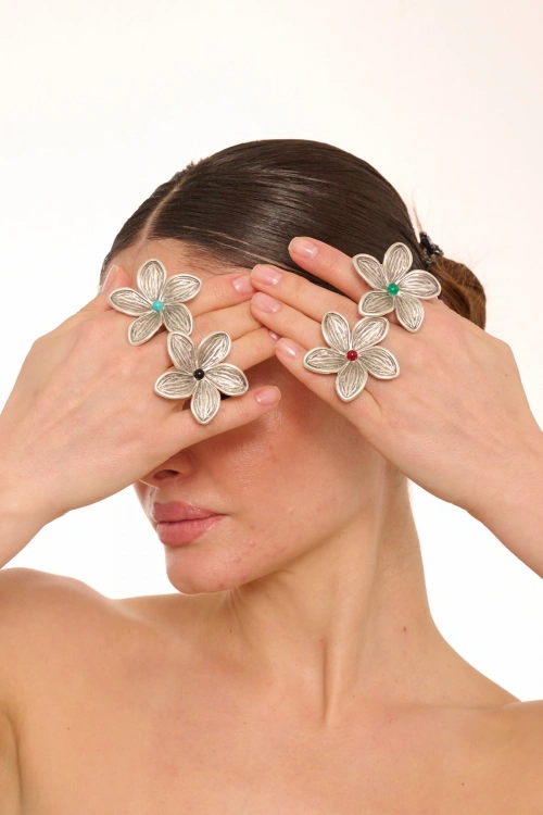 Kiraz Green Stoned Silver Plated Flower Ring