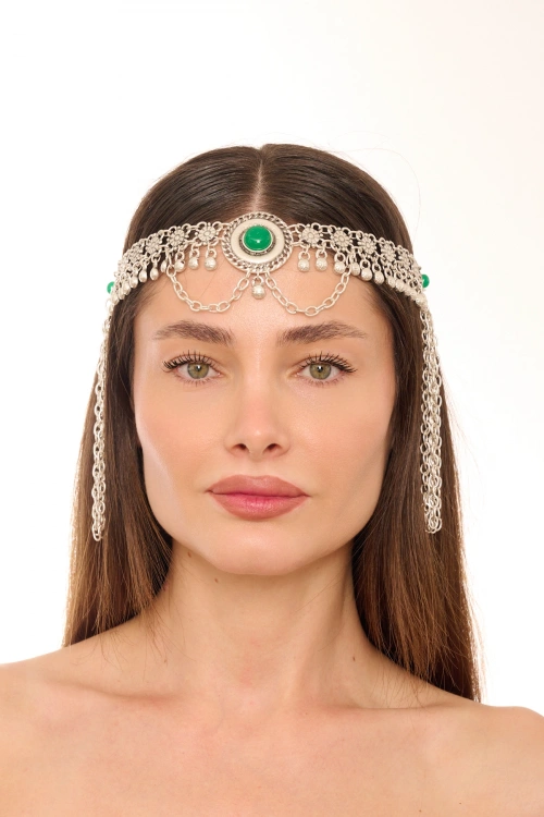 Kiraz Green Stoned Silver Plated Head Accessory