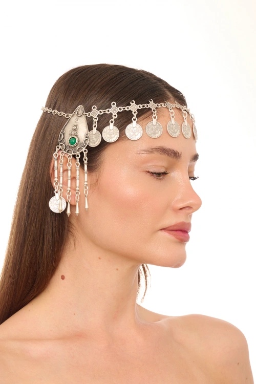 Kiraz Green Stoned Silver Plated Head Accessory