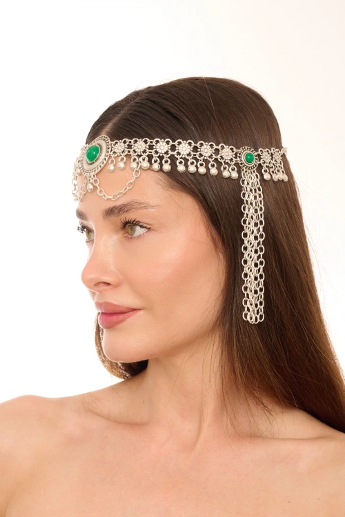 Kiraz Green Stoned Silver Plated Head Accessory