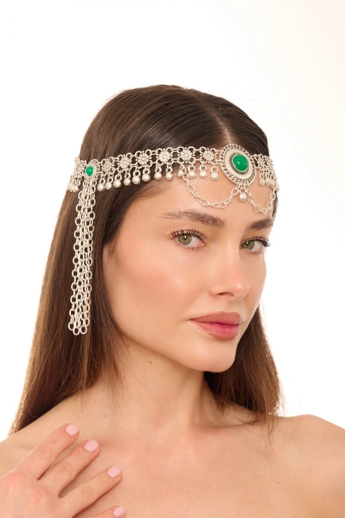 Kiraz Green Stoned Silver Plated Head Accessory