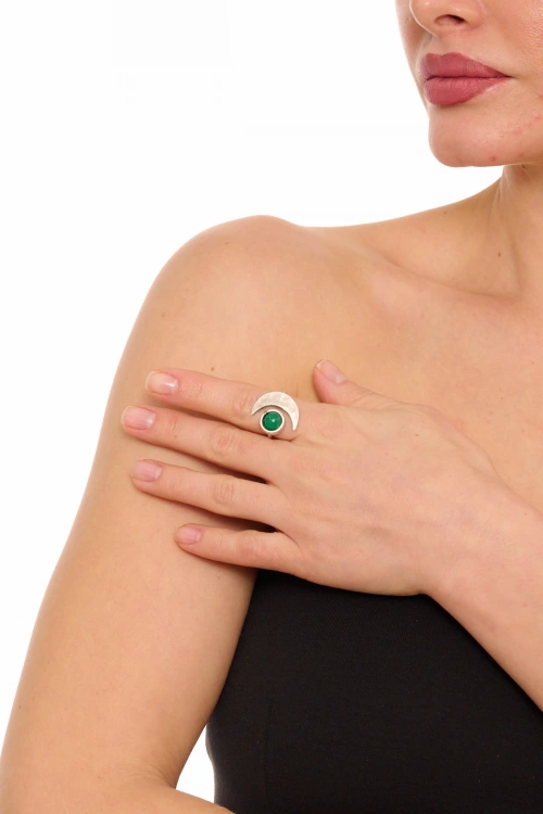 Kiraz Green Stoned Silver Plated Moon Ring