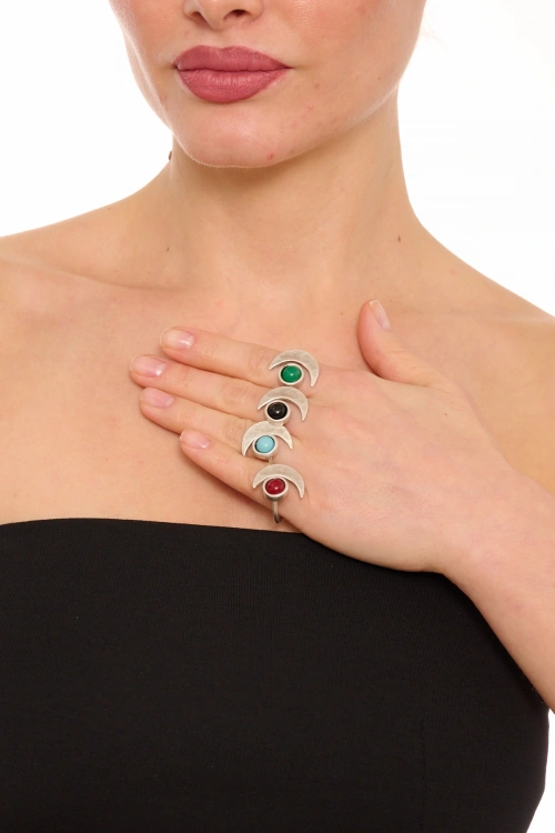 Kiraz Green Stoned Silver Plated Moon Ring