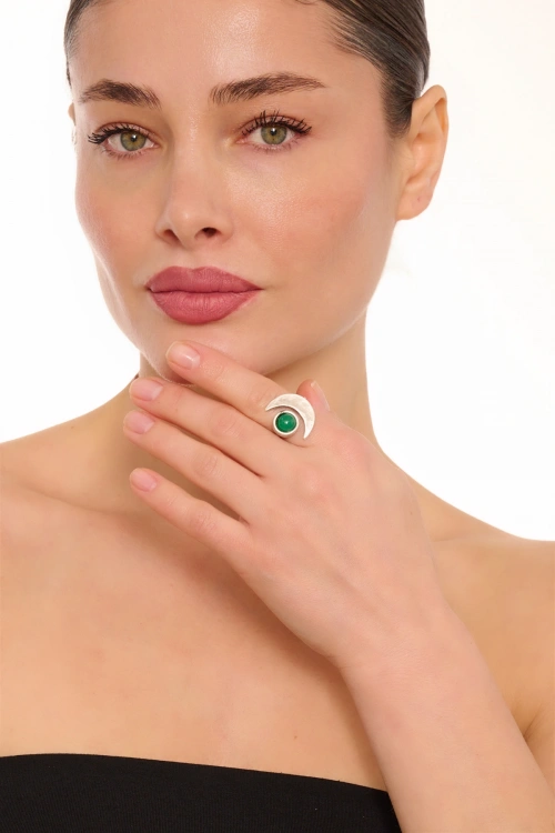 Kiraz Green Stoned Silver Plated Moon Ring