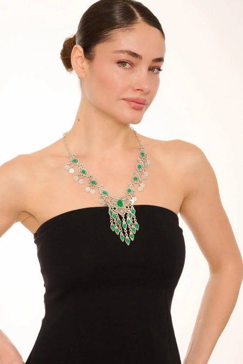Kiraz Green Stoned Silver Plated Necklace