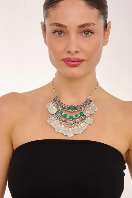 Kiraz Green Stoned Silver Plated Necklace